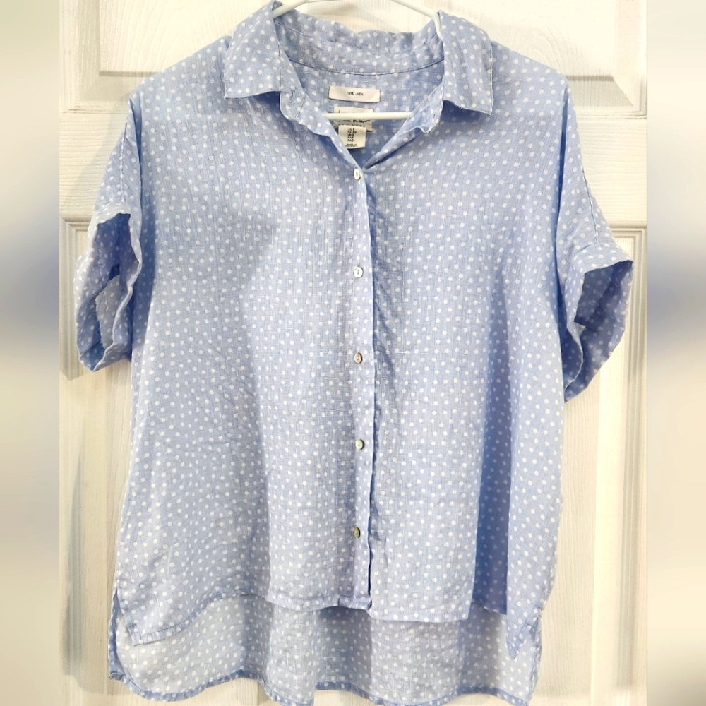 Linen Nicole Miller Light Blue Polka Dot Button Down Shirt